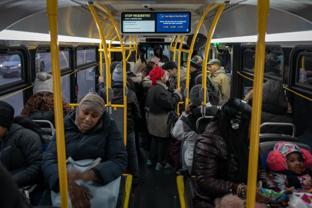 A crowded BX19 MTA bus en route to the Bronx's Botanical Gardens in January, 2019.